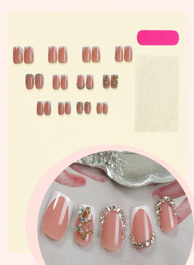 Jremg White French Tips Press on Nails Short Square Fake Nails with 3D Rhinestone Designs luxury Golden Diamond French False Nails Reusable Glossy Gold Star Charms Glue on Nails for Women 24Pcs - Image 3
