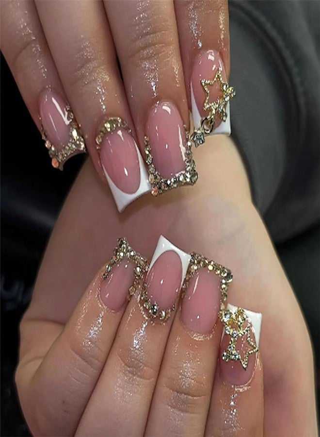 Jremg White French Tips Press on Nails Short Square Fake Nails with 3D Rhinestone Designs luxury Golden Diamond French False Nails Reusable Glossy Gold Star Charms Glue on Nails for Women 24Pcs - Image 1