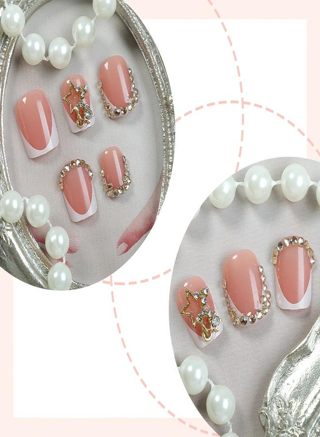 Jremg White French Tips Press on Nails Short Square Fake Nails with 3D Rhinestone Designs luxury Golden Diamond French False Nails Reusable Glossy Gold Star Charms Glue on Nails for Women 24Pcs - Image 2