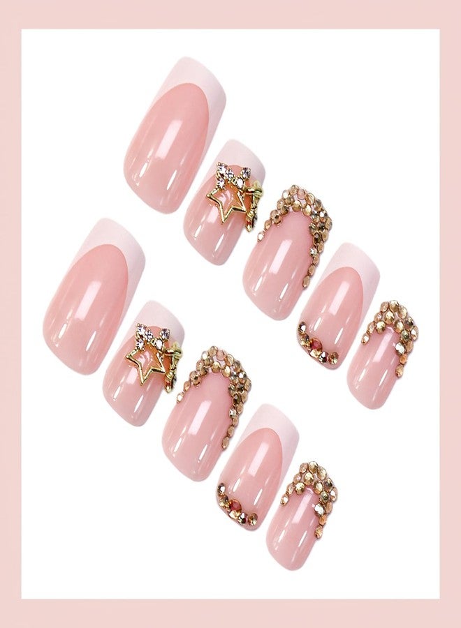 Jremg White French Tips Press on Nails Short Square Fake Nails with 3D Rhinestone Designs luxury Golden Diamond French False Nails Reusable Glossy Gold Star Charms Glue on Nails for Women 24Pcs - Image 4