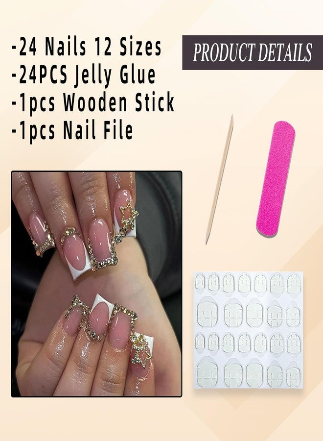 Jremg White French Tips Press on Nails Short Square Fake Nails with 3D Rhinestone Designs luxury Golden Diamond French False Nails Reusable Glossy Gold Star Charms Glue on Nails for Women 24Pcs - Image 5