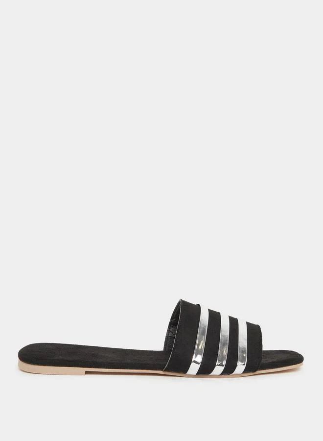 Take Two Take Two Women Black Metallic Strip Detail Flat Sandals