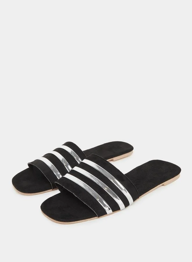 Take Two Take Two Women Black Metallic Strip Detail Flat Sandals