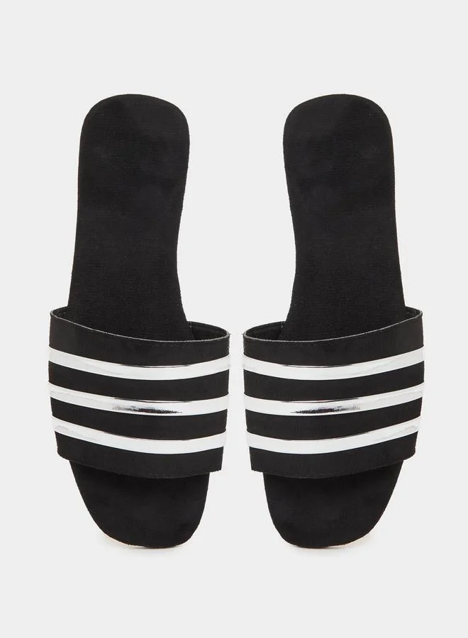 Styli Styli Women Black Metallic Strip Detail Flat Sandals