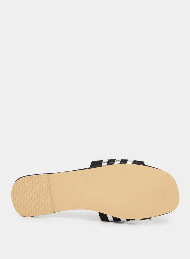Styli Styli Women Black Metallic Strip Detail Flat Sandals