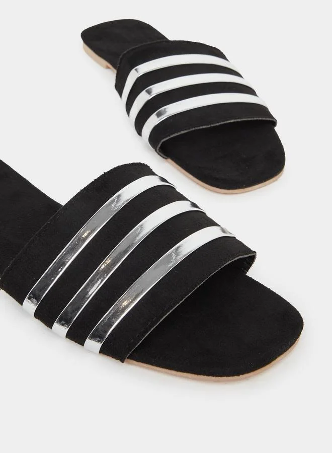 Styli Styli Women Black Metallic Strip Detail Flat Sandals