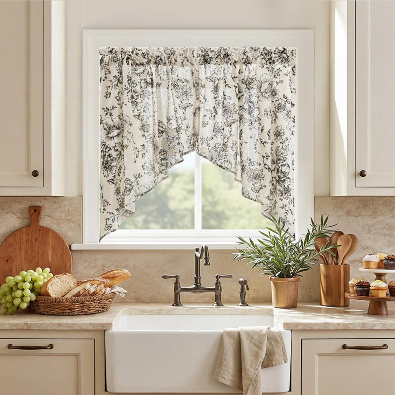jinchan Floral Swag Valance for Windows 36 Inch Length Farmhouse Linen Kitchen Valances Country Light Filtering Small Window Treatment for Bedroom Living Room 2 Panels Black on Linen - Image 1