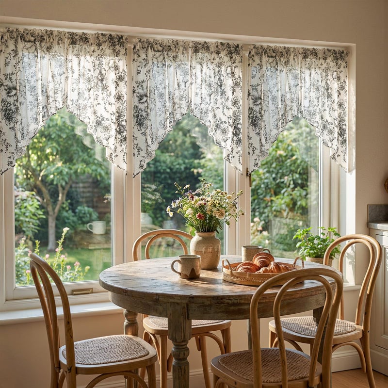 jinchan Floral Swag Valance for Windows 36 Inch Length Farmhouse Linen Kitchen Valances Country Light Filtering Small Window Treatment for Bedroom Living Room 2 Panels Black on Linen - Image 4