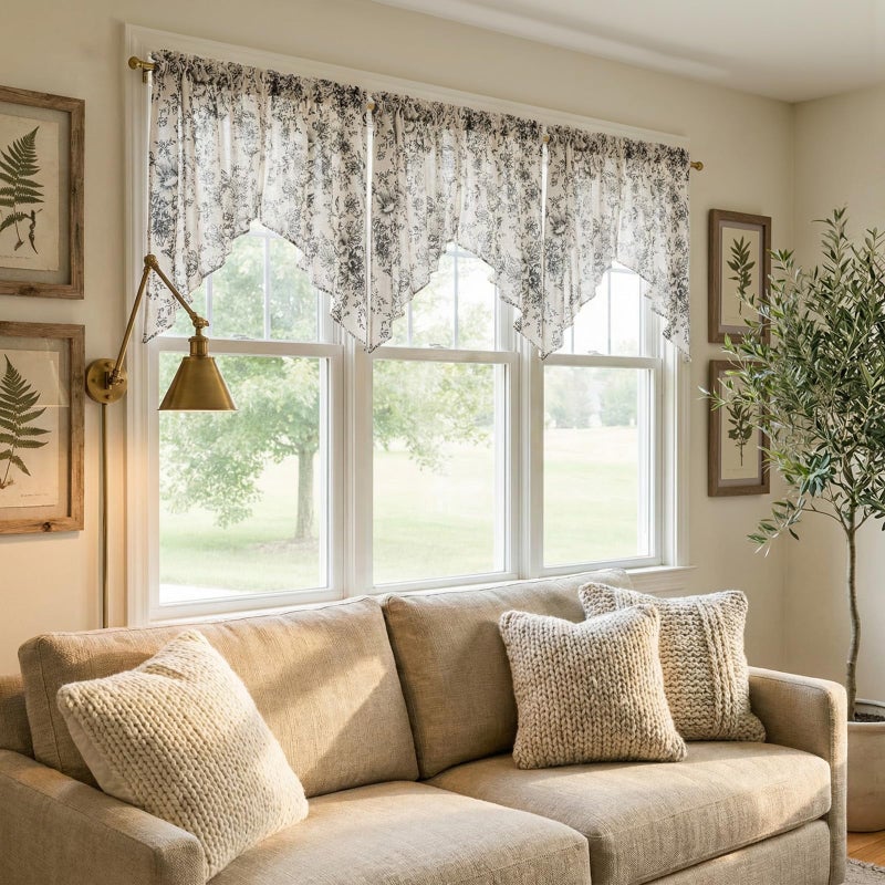 jinchan Floral Swag Valance for Windows 36 Inch Length Farmhouse Linen Kitchen Valances Country Light Filtering Small Window Treatment for Bedroom Living Room 2 Panels Black on Linen - Image 2