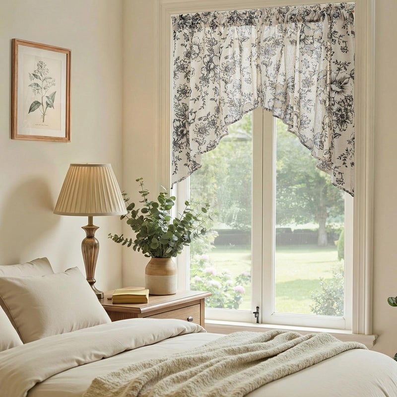 jinchan Floral Swag Valance for Windows 36 Inch Length Farmhouse Linen Kitchen Valances Country Light Filtering Small Window Treatment for Bedroom Living Room 2 Panels Black on Linen - Image 3