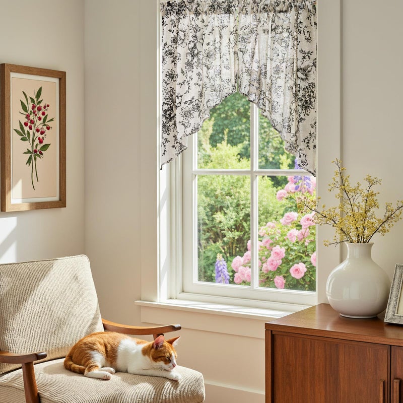 jinchan Floral Swag Valance for Windows 36 Inch Length Farmhouse Linen Kitchen Valances Country Light Filtering Small Window Treatment for Bedroom Living Room 2 Panels Black on Linen - Image 5