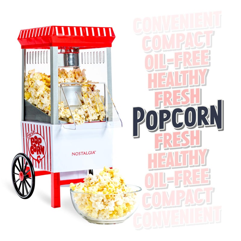 Nostalgia Vintage Hot-Air Popcorn Maker Machine - Makes Up to 12 Cups - Oil-Free - Healthier Popcorn - Classic Stand-Up Cart With Wheels - Includes Kernel Measuring Cup - White & Red - Image 5
