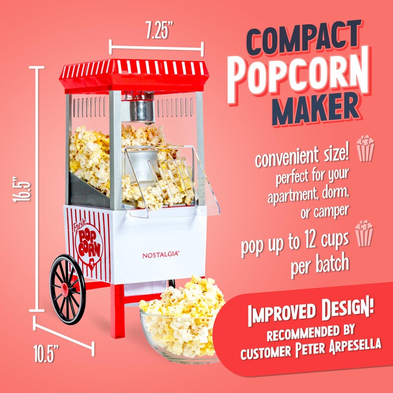 Nostalgia Vintage Hot-Air Popcorn Maker Machine - Makes Up to 12 Cups - Oil-Free - Healthier Popcorn - Classic Stand-Up Cart With Wheels - Includes Kernel Measuring Cup - White & Red - Image 2