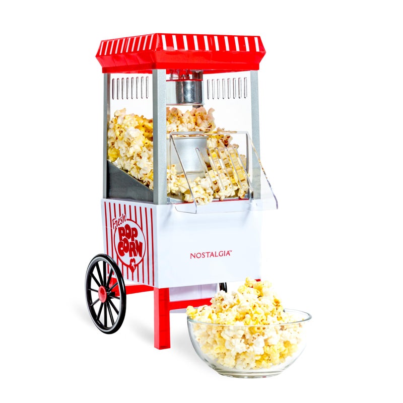 Nostalgia Vintage Hot-Air Popcorn Maker Machine - Makes Up to 12 Cups - Oil-Free - Healthier Popcorn - Classic Stand-Up Cart With Wheels - Includes Kernel Measuring Cup - White & Red - Image 1