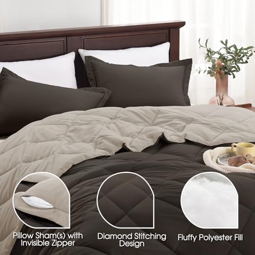 Basic Beyond Full Size Comforter Set - Brown and Ivory Comforter Set Full, Reversible Comforter Full Size Set, 1 Comforter (82"x92") and 2 Pillow Shams (20"x26"+2"), Brown/Ivory - Image 4