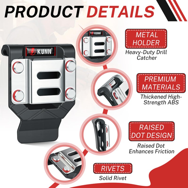 KUNN Drill Holder for Tool Belt, Single Pack Drill Belt Clip & Tape Measure Holster | Low-Profile Quick-Release Holder | Fits Belts Up to 2.7" | for Impact Driver, Nailer - Image 3