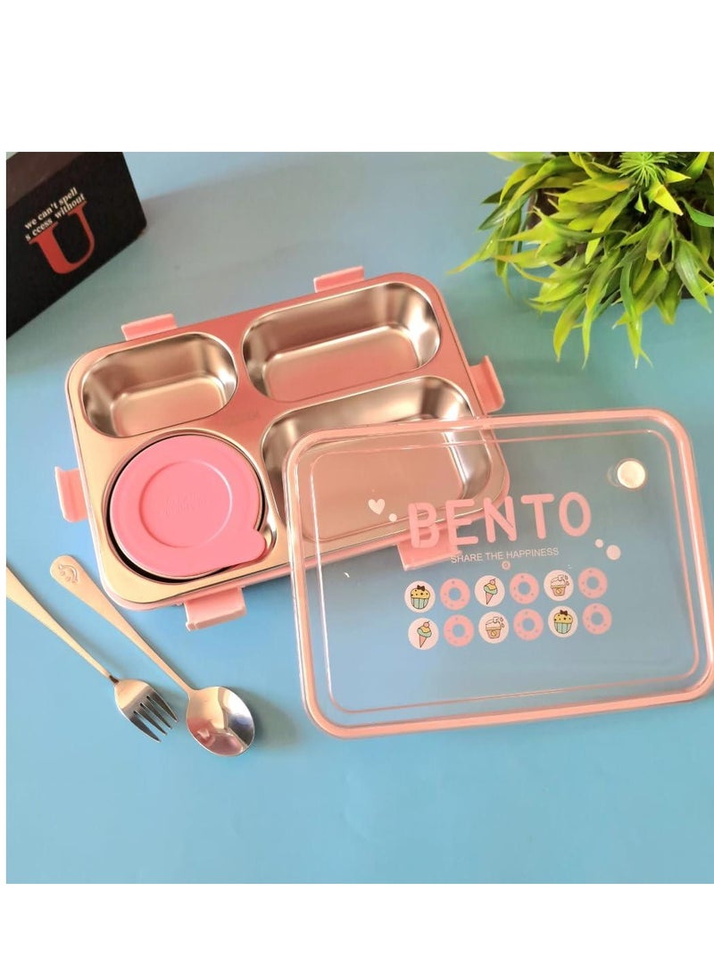 Laxon 7092 Bento stainless steel lunch box 850ml 4 Compartment with spoon - Pink  - Image 1