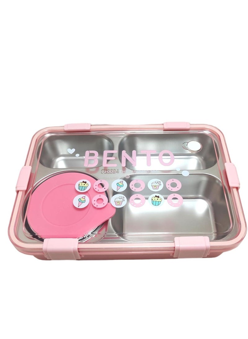 Laxon 7092 Bento stainless steel lunch box 850ml 4 Compartment with spoon - Pink  - Image 3