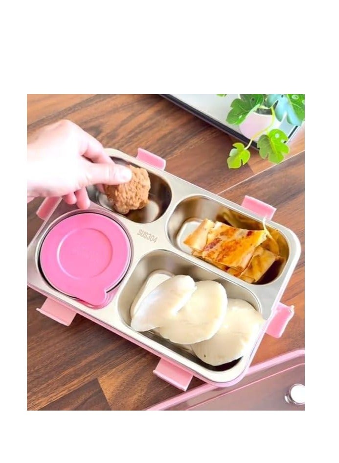Laxon 7092 Bento stainless steel lunch box 850ml 4 Compartment with spoon - Pink  - Image 4