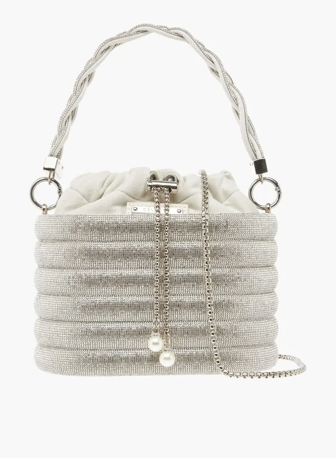 Celeste Womens Stone Embellished Sling Bag With Metallic Drawstring Closure