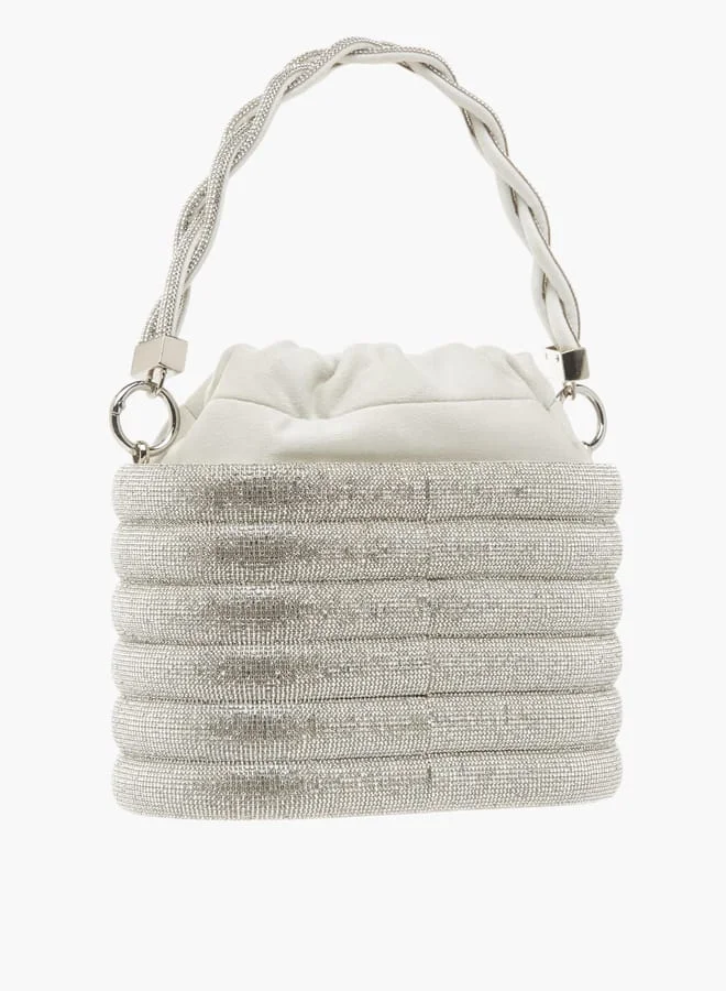 Celeste Womens Stone Embellished Sling Bag With Metallic Drawstring Closure