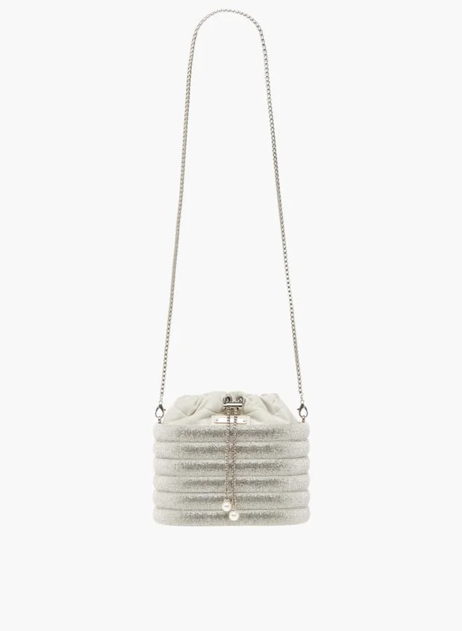 Celeste Womens Stone Embellished Sling Bag With Metallic Drawstring Closure