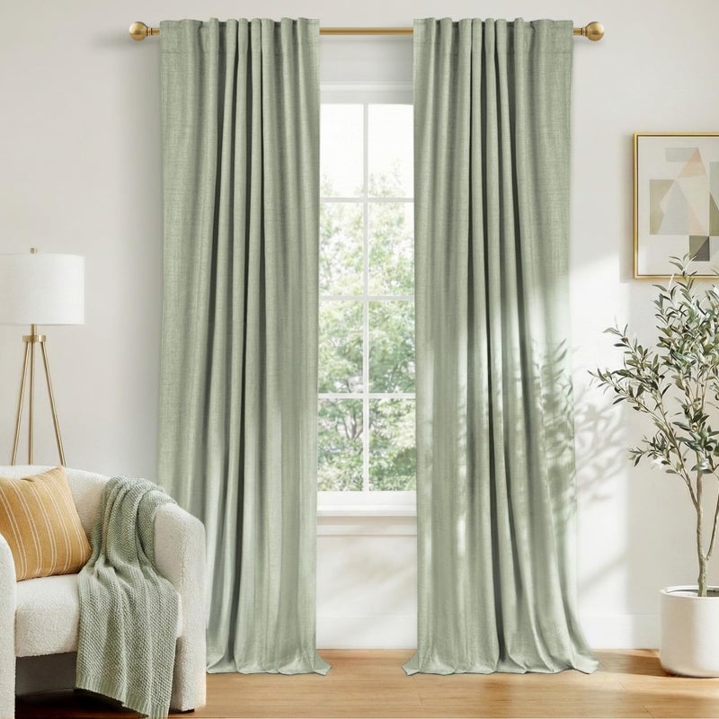 100% Blackout Shield Linen Blackout Curtains for Bedroom 96 Inches Long, Back Tab/Rod Pocket Living Room Drapes, Thermal Insulated Blackout Curtains 2 Panels Set, 50" W x 96" L,Sage Green - Image 1