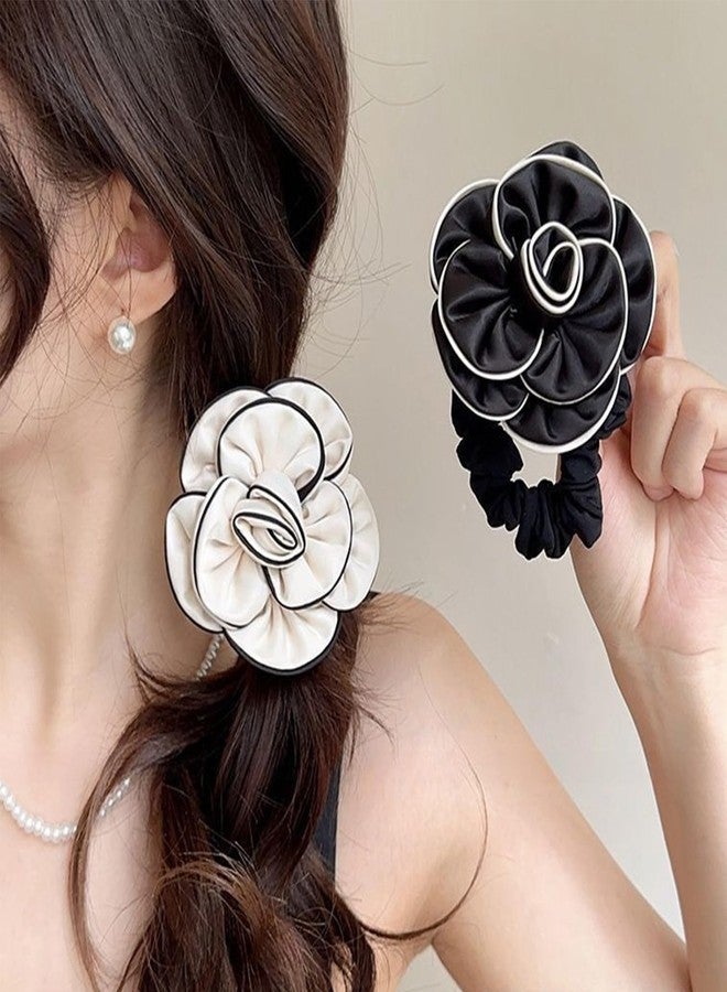 Melodio 2 PCS Flower Scrunchies Women Rose Ponytail Holders Black White Elastic Hair Bands Ribbons Fashion Hair Accessories - Image 2