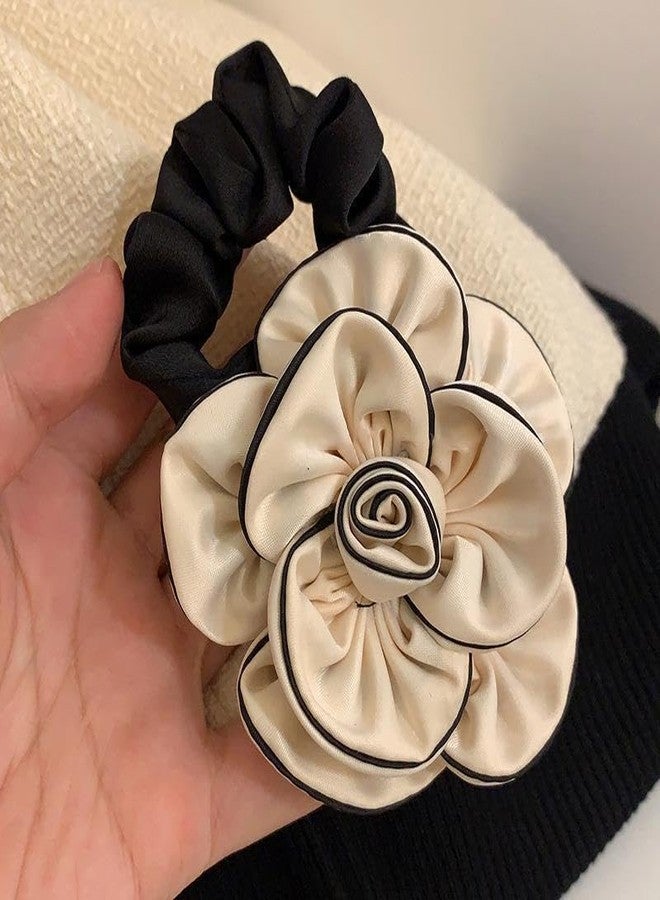 Melodio 2 PCS Flower Scrunchies Women Rose Ponytail Holders Black White Elastic Hair Bands Ribbons Fashion Hair Accessories - Image 5
