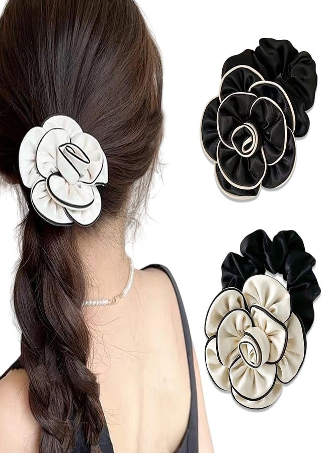 Melodio 2 PCS Flower Scrunchies Women Rose Ponytail Holders Black White Elastic Hair Bands Ribbons Fashion Hair Accessories - Image 1