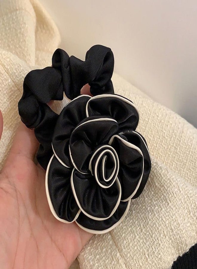 Melodio 2 PCS Flower Scrunchies Women Rose Ponytail Holders Black White Elastic Hair Bands Ribbons Fashion Hair Accessories - Image 4