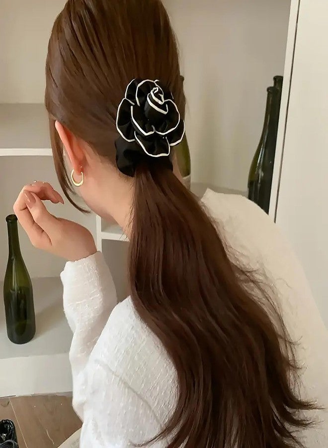 Melodio 2 PCS Flower Scrunchies Women Rose Ponytail Holders Black White Elastic Hair Bands Ribbons Fashion Hair Accessories - Image 3