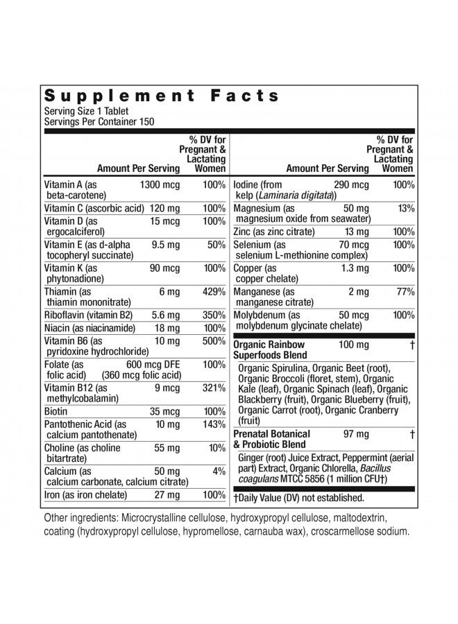Rainbow Light Rainbow Light Prenatal One Multivitamin, Folic Acid, Calcium, & Vitamin D, Gluten Free, Supports from Conception to Postnatal, Clinically Proven Absorption, 150 Tablets - Image 3