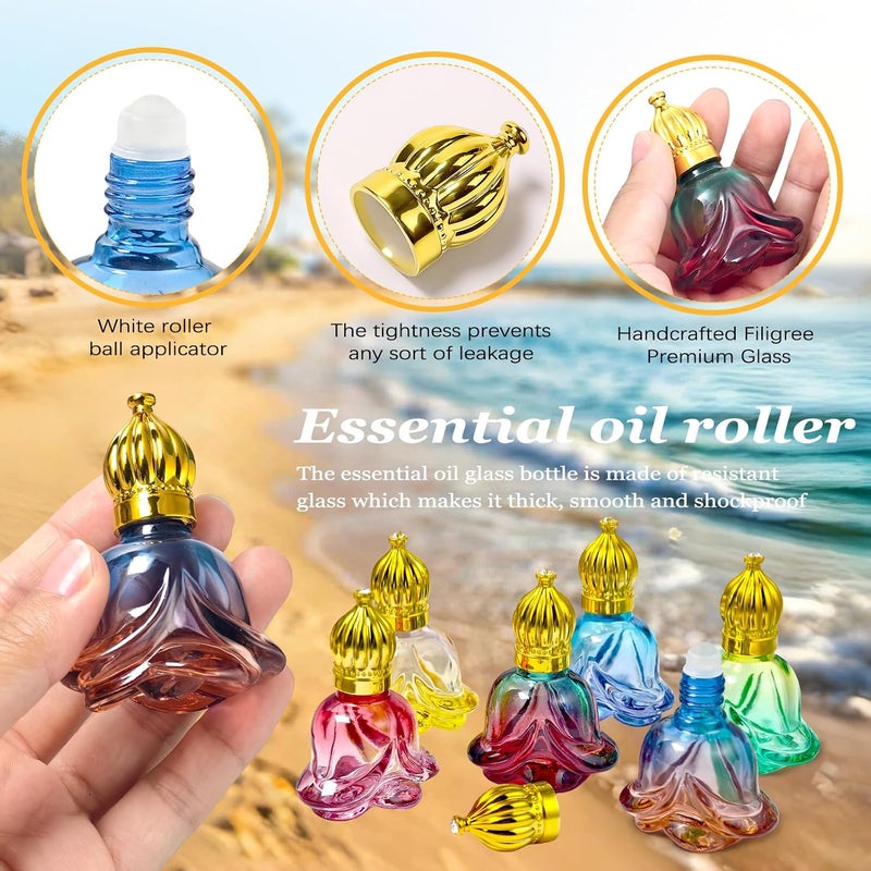 روز فلاور زجاجات برولر من RoseFlower للزيوت العطرية (سعة 8 مل/0.27 أونصة)، عبوة تحتوي على 6 زجاجات قابلة لإعادة التعبئة، مناسبة للزيوت العطرية والعطور والعلاج بالروائح العطرية، ومثالية للاستخدام أثناء السفر، بتصميم عربي عتيق. - Image 3