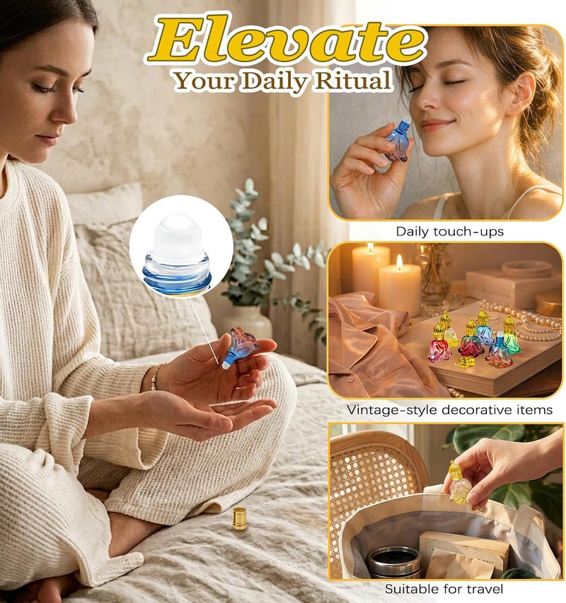 روز فلاور زجاجات برولر من RoseFlower للزيوت العطرية (سعة 8 مل/0.27 أونصة)، عبوة تحتوي على 6 زجاجات قابلة لإعادة التعبئة، مناسبة للزيوت العطرية والعطور والعلاج بالروائح العطرية، ومثالية للاستخدام أثناء السفر، بتصميم عربي عتيق. - Image 5