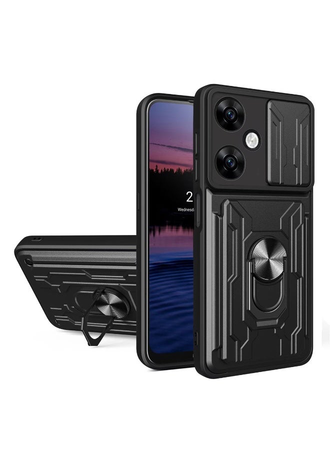 SanHu for Redmi 13C 5G Case, Card Holder & Slide Camera Lens Cover, Magnetic Ring Holder Kickstand Protective Phone Case for Redmi 13C 5G, Black - Image 1