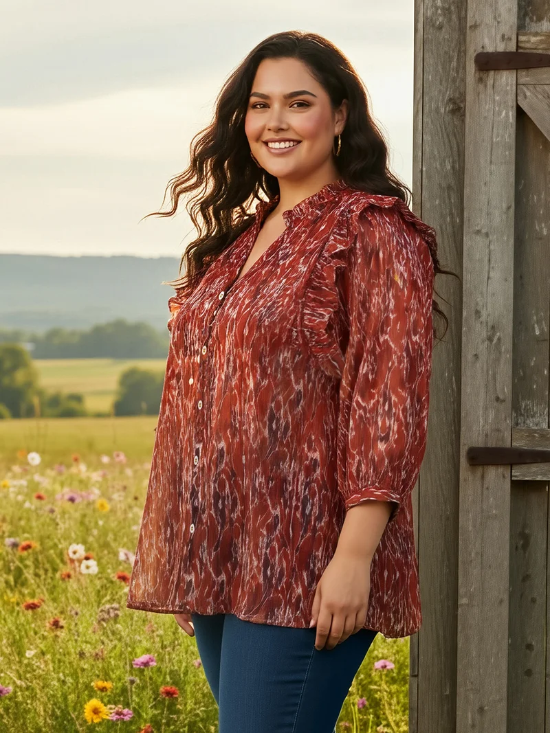 جلو باص بلوزة جلوبلس نسائية حمراء بياقة على شكل حرف  وأكمام منتفخة وطبعة مجردة وتفاصيل مكشكشة مقاس كبير