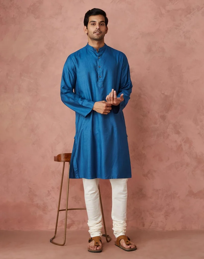 فاب انديا Blue Viscose Silk Slim Fit Long Kurta
