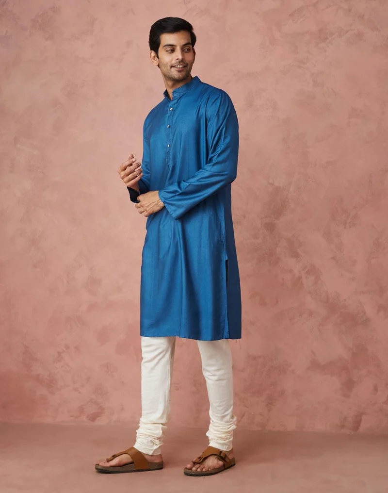 Fabindia Blue Viscose Silk Slim Fit Long Kurta