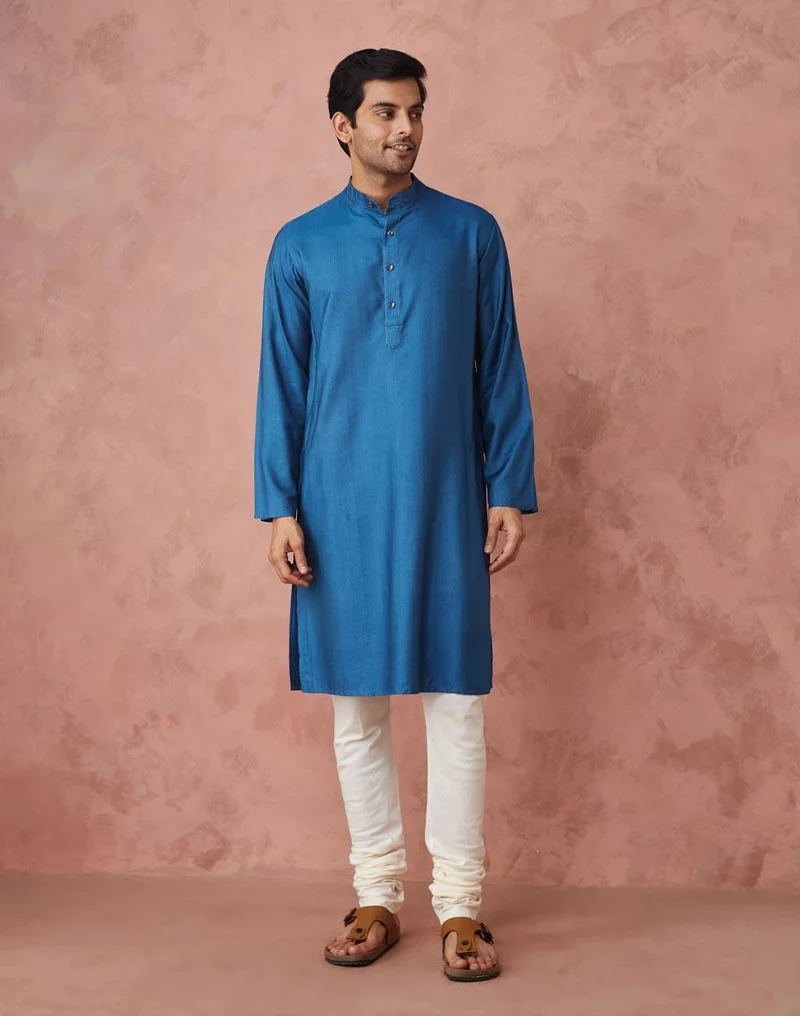 فاب انديا Blue Viscose Silk Slim Fit Long Kurta