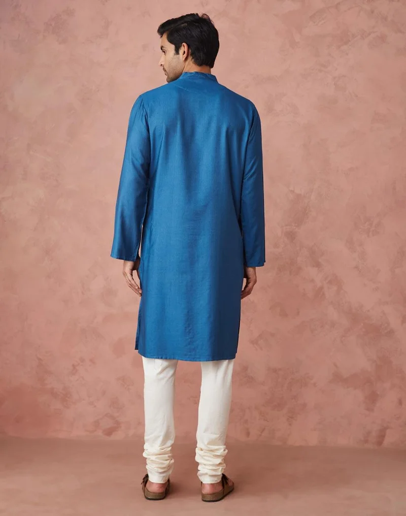 Fabindia Blue Viscose Silk Slim Fit Long Kurta