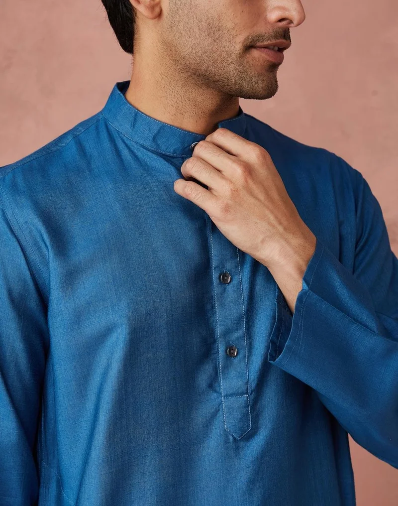 Fabindia Blue Viscose Silk Slim Fit Long Kurta