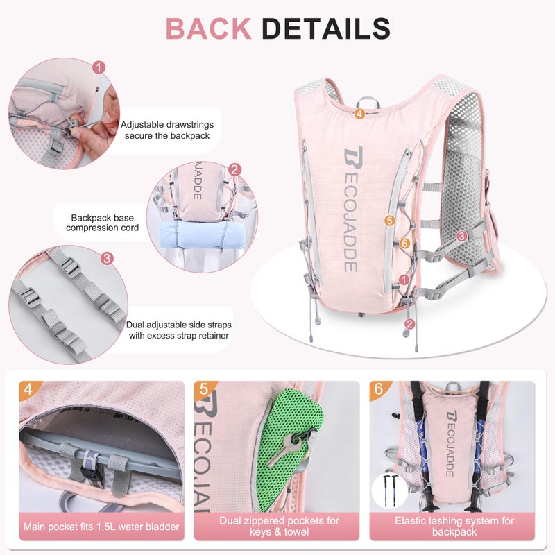 BECOJADDE Running Vest Hydration Backpack for Men Women, 5L Lightweight Running Backpack Hydration Pack for Marathon, Trail, Cycling, Hiking, Jogging Pink - Image 3