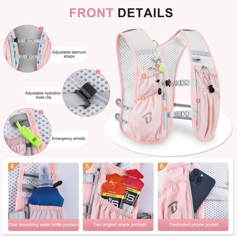 BECOJADDE Running Vest Hydration Backpack for Men Women, 5L Lightweight Running Backpack Hydration Pack for Marathon, Trail, Cycling, Hiking, Jogging Pink - Image 2