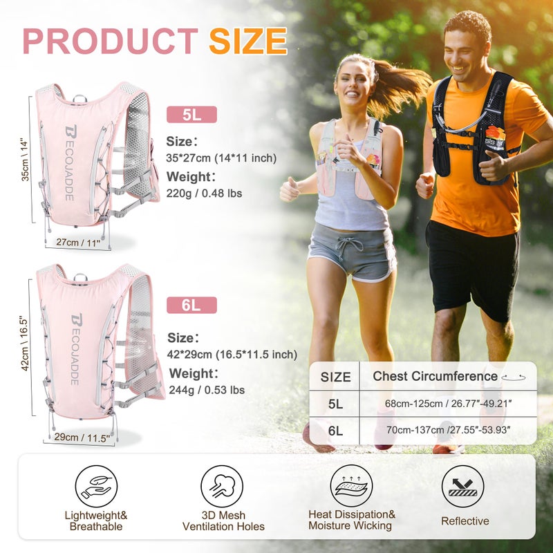 BECOJADDE Running Vest Hydration Backpack for Men Women, 5L Lightweight Running Backpack Hydration Pack for Marathon, Trail, Cycling, Hiking, Jogging Pink - Image 4