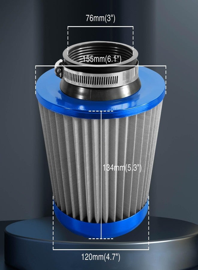 Tongze 3" 76mm Universal High Flow Cold Air Intake Air Filter Upgraded Stainless Steel Cone Filter(Blue) - Image 3