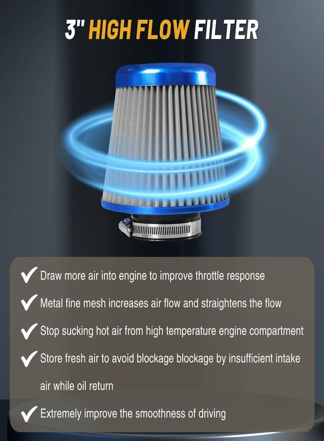 Tongze 3" 76mm Universal High Flow Cold Air Intake Air Filter Upgraded Stainless Steel Cone Filter(Blue) - Image 5