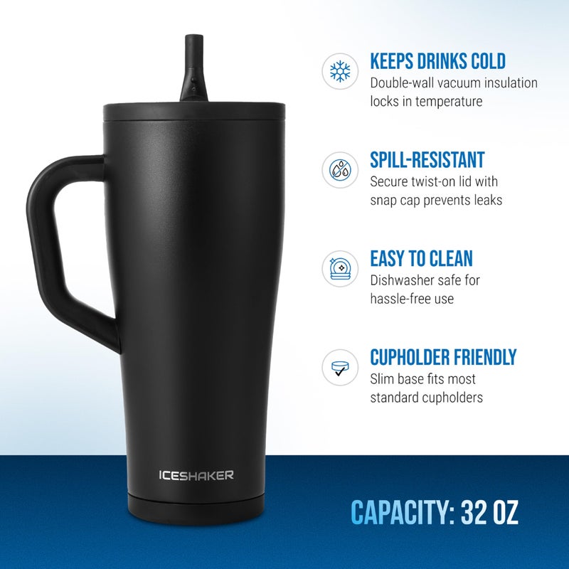 Ice Shaker 32 oz Tumbler with Handle and Straw | 32oz Black | Cold for 30+ Hours | 2-in-1 Tumbler Shaker Bottle | Odor-Free 32 ounce Bottle for Water, Protein Shakes, Smoothies, Cocktails - Image 2