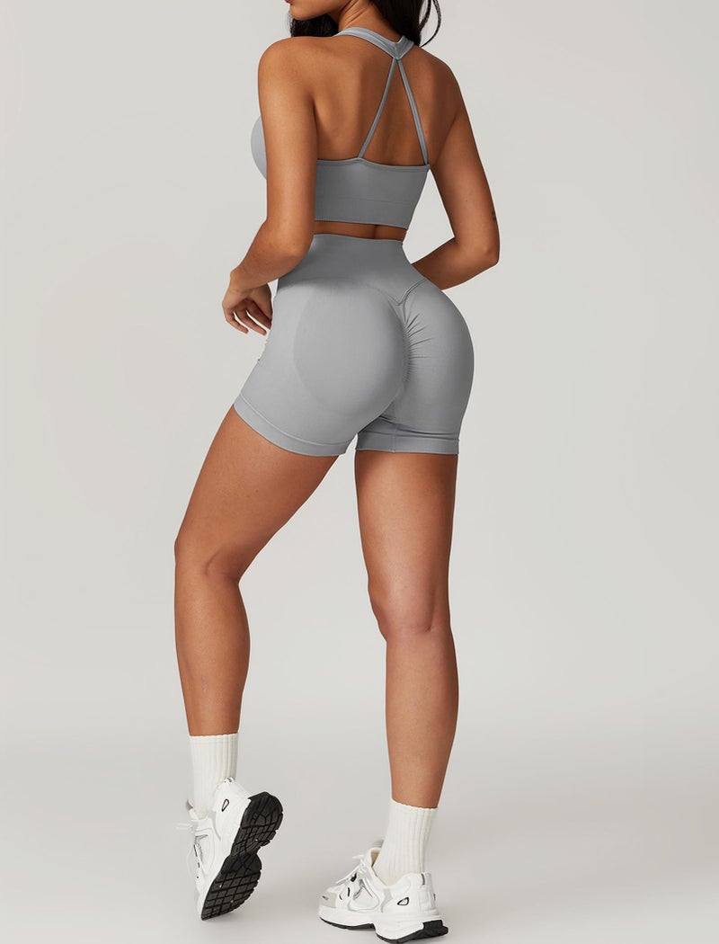 ABOCIW Workout Sets for Women 2 Piece Backless V Neck Sports Bra Scrunch Butt Lifting High Waist Yoga Biker Shorts Gym Set Gray Small - Image 5