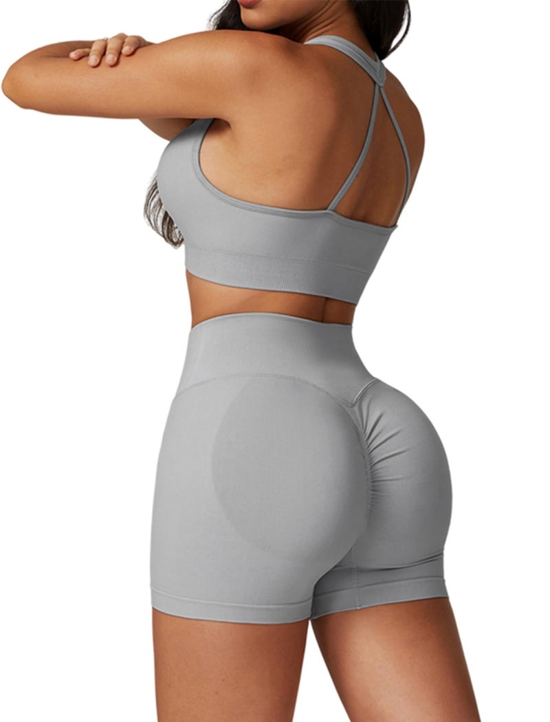 ABOCIW Workout Sets for Women 2 Piece Backless V Neck Sports Bra Scrunch Butt Lifting High Waist Yoga Biker Shorts Gym Set Gray Small - Image 1